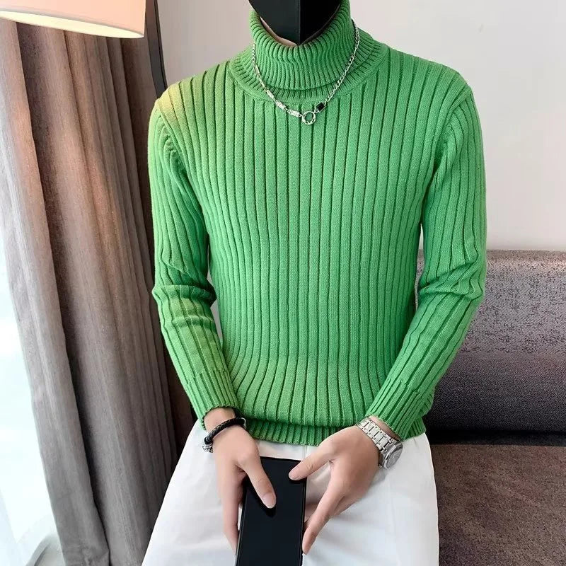 Men's Stylish Solid Thicken turndown Pullovers Thermal Winter Long Sleeve Sweater Vertical Stripes Design Knitted Sweaters Male