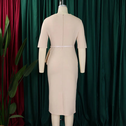 2024 Autumn Winter New Dress for Woman Square Neck Half Sleve Sheath Package Hips Belt Waisted Formal Work Bodycon Dress Midi OL