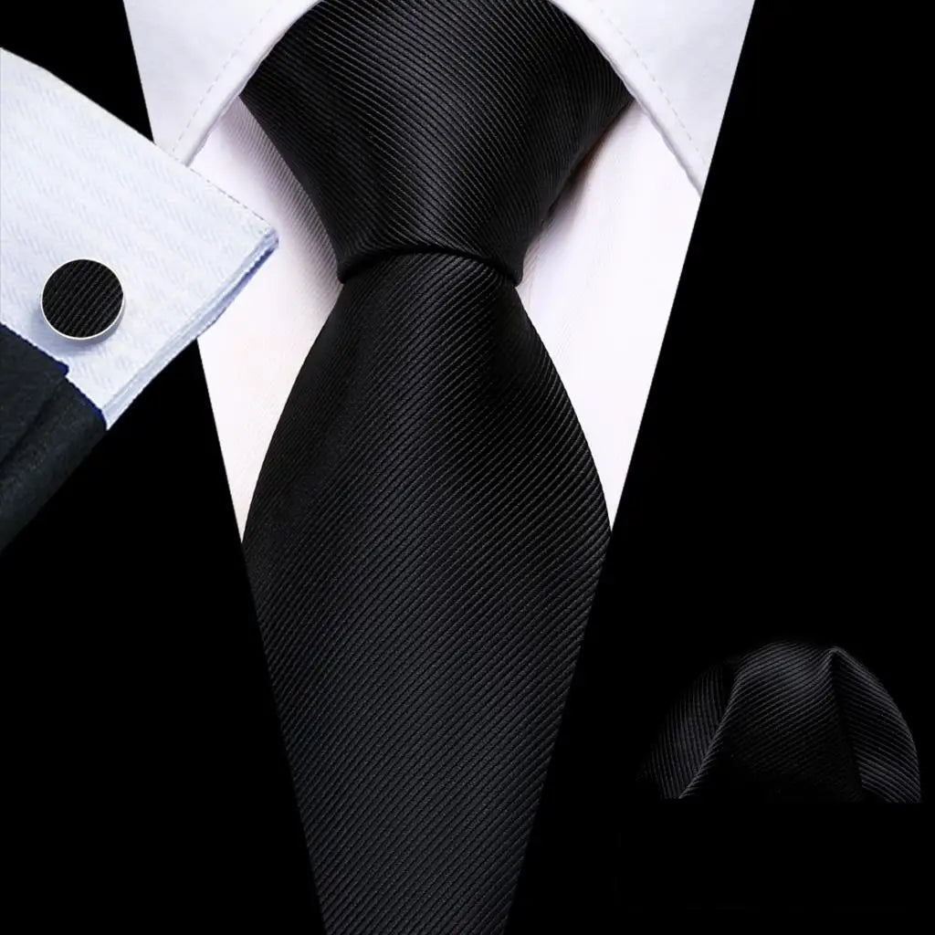 Barry.Wang Black White Gray Silver Silk Men Tie Handkerchief Cufflinks Set Jacquard Necktie for Male Wedding Business Party Gift
