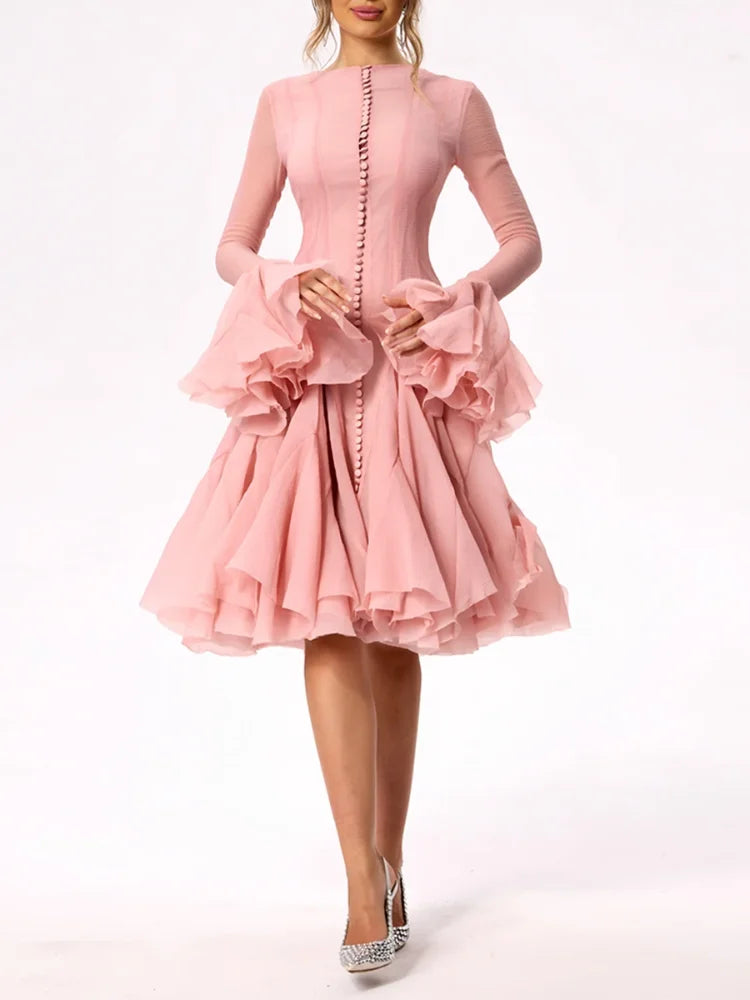 Solid Women Layered Ruffles Midi Dress Fashion Irregular Pleated A-line Long Sleeve Button Robe 2025 Female High Street Vestidos