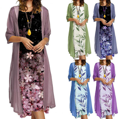 Female 1 Set Stylish Vintage Round Neck Dress Two-Piece Ladies Dress Set Floral Print   for Party