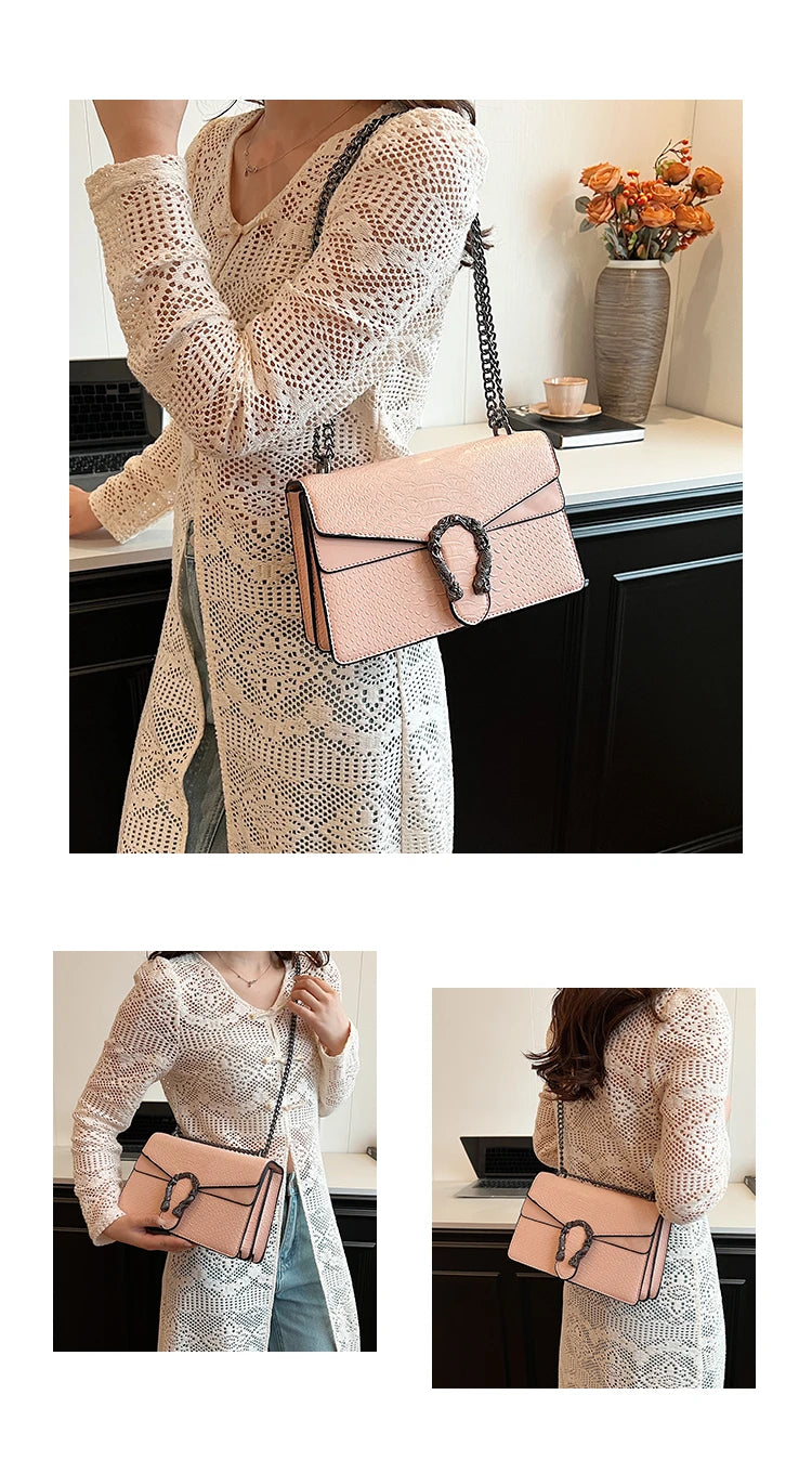 Retro Style Fashion Chain Shoulder Bag for Women Snake Pattern Crossbody Small Square Bag Trendy Accessory