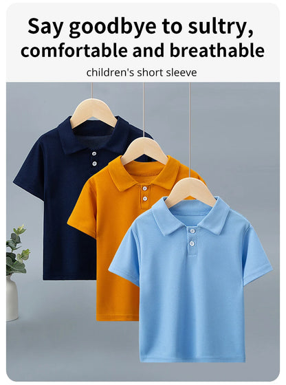 Children's solid color POLO shirt boy handsome fashion sports T-shirt girl lapel casual and comfortable half sleeve.