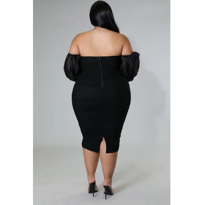 CM.YAYA Plus Size Women Mesh Patchwork Off Shoulder Ruched Bodycon Midi Dress evening Winter 2022 Sexy Party Club Prom Dresses