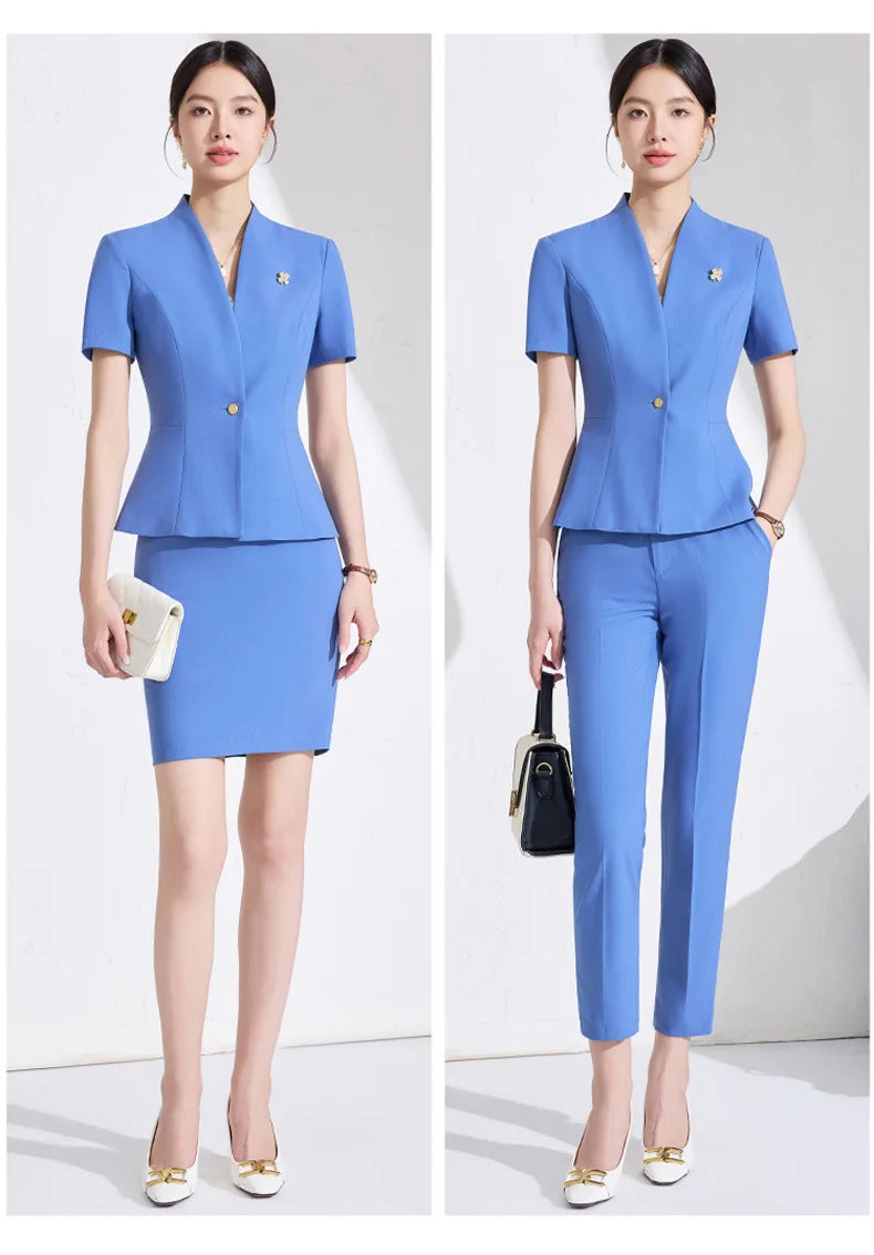 NAVIU Women Formal Suits 2 Pieces Sets Elegant Professional Slim Short Sleeve Blazer And Pants Office Ladies Summer Work Wear