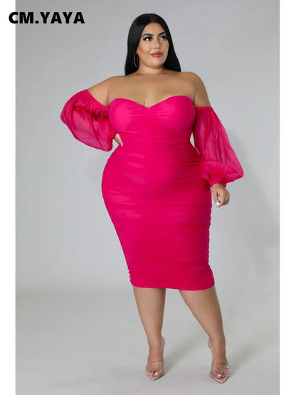 CM.YAYA Plus Size Women Mesh Patchwork Off Shoulder Ruched Bodycon Midi Dress evening Winter 2022 Sexy Party Club Prom Dresses