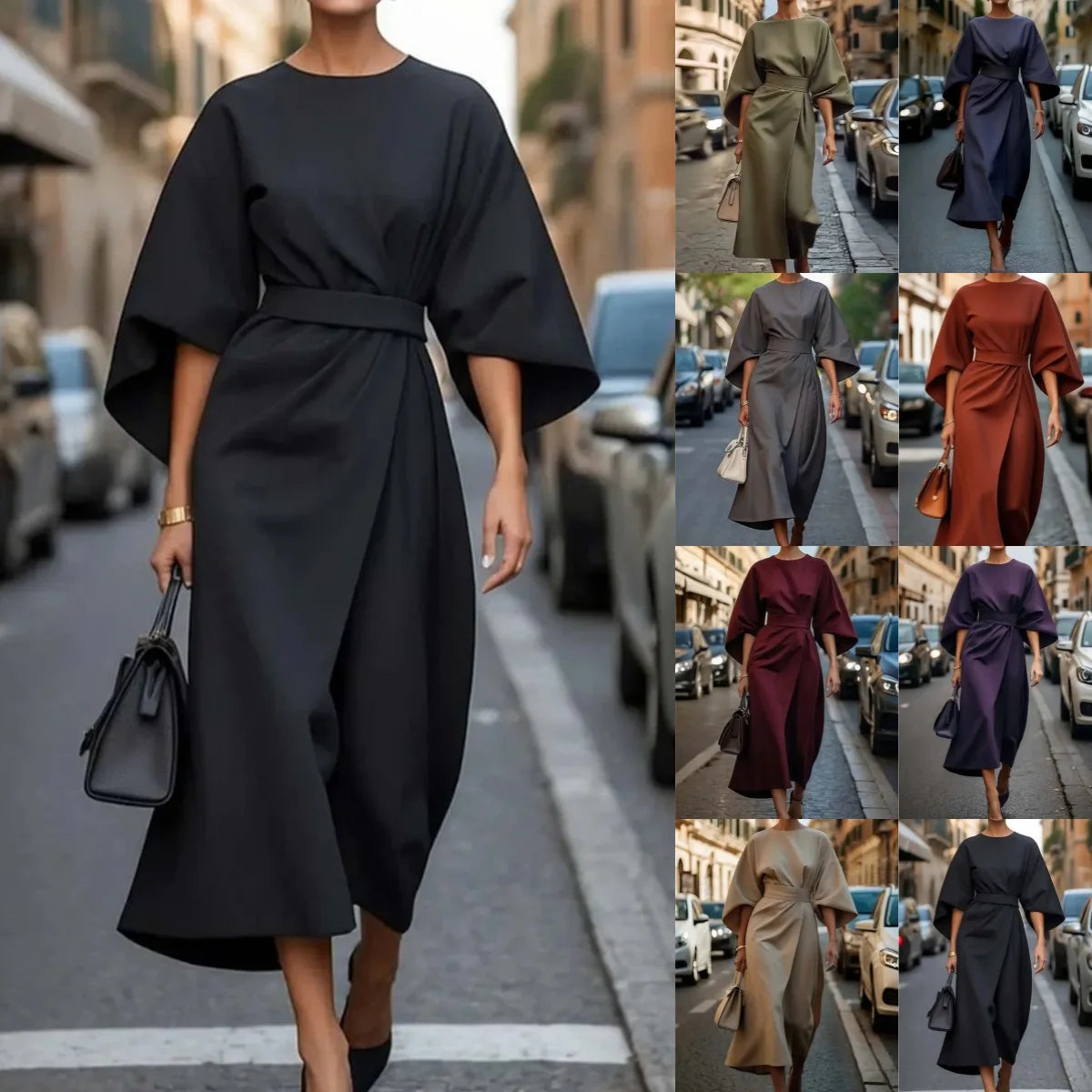 Spring Fashion Solid Color Dress Women Sexy Round Neck Bat Sleeve High Waist Dress Elegant Commuting Dresses for Women Summer