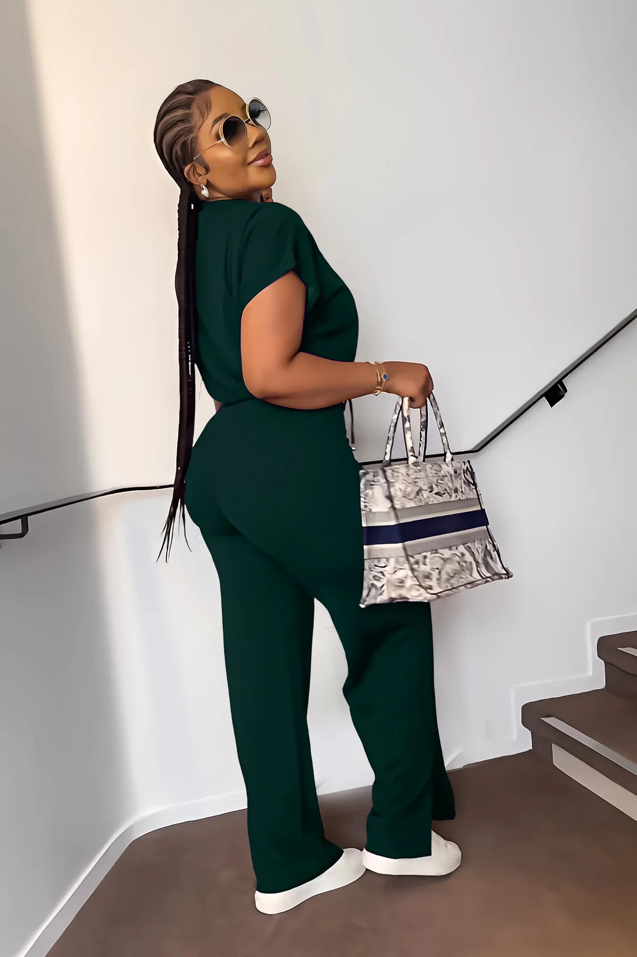 Women Casual Round Neck Drawstring Short Sleeve Top & High Waist Pants Set Summer Solid Two Piece Suit Sets Outfits Set Female