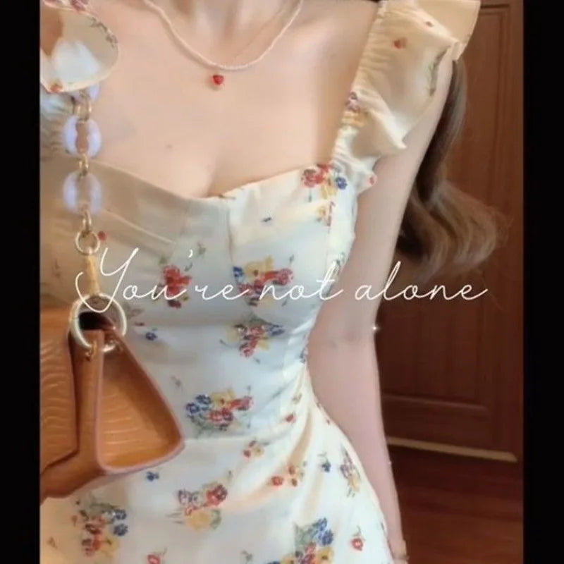 Women Summer Fashion Floral Print Ruffle Sweet Elegant Party Dresses Sexy Split Square Neck Sleeveless Slim Midi Dress Vestidos