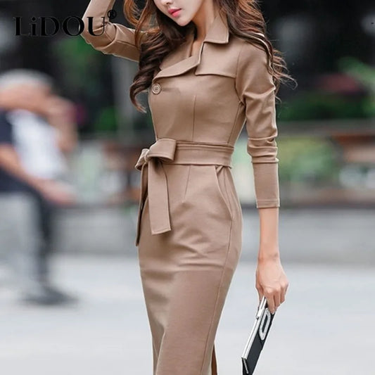 Dress Women New Spring Autumn Long Sleeve Notched Button Office Lady Korean Style Solid Color Popularity Slim Casual Bow Vintage