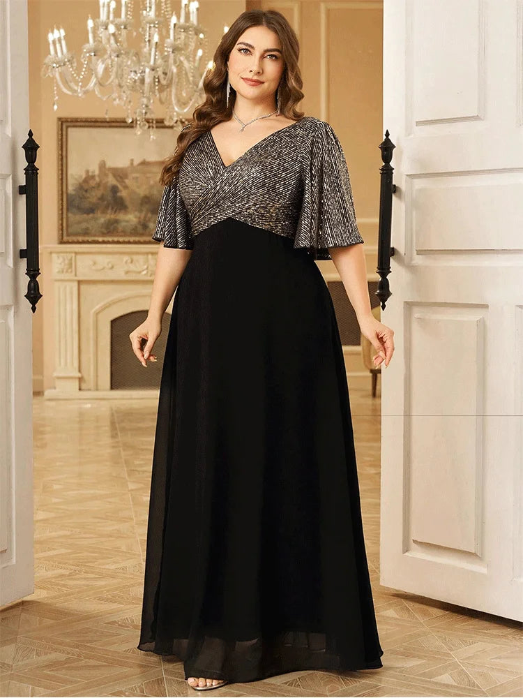 Plus Size V-neck Short Sleeve Black and Silver Sequined Mesh Floor-length Evening Dress 4XL 5XL Big Size Shiny Evening Dress