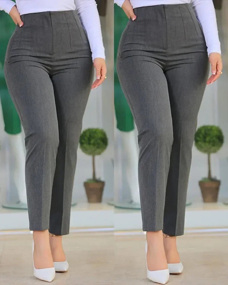 Elegant Pleated Waist Work Pants For Women White All-Match Daily OL Laides Fashion Office Formal Wear High Waisted Trousers