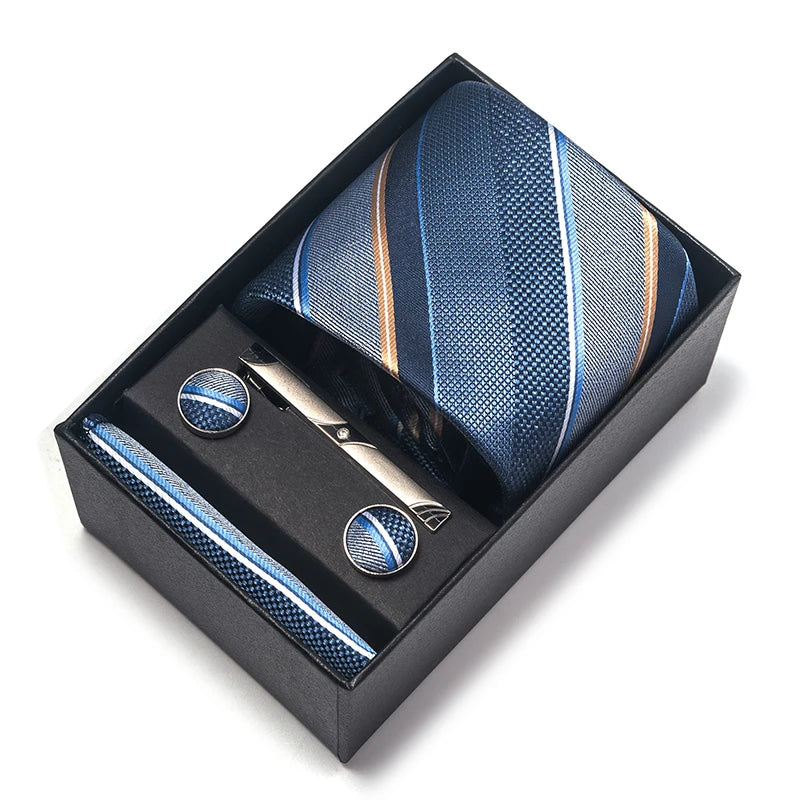 Luxury Brand 8 cm Tie Handkerchief Cufflink Clip Set For Men Wedding Gravata Suit Accessories Holiday Gift Box