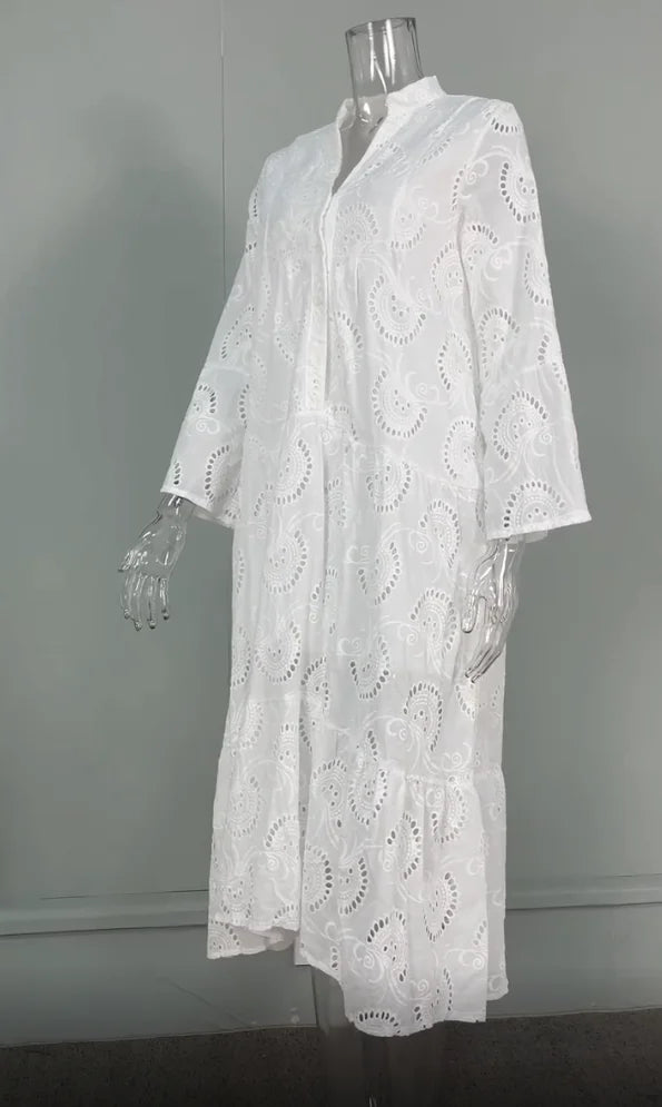 Dresses for Dresses Spring Summer Shirt Dress 2024 White dresses V-Neck Flared Sleeves Lace Hollow Solid Color Sexy Long Dresses