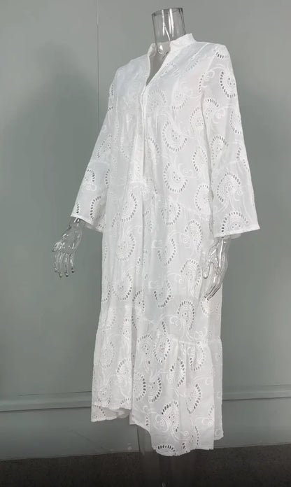 Dresses for Dresses Spring Summer Shirt Dress 2024 White dresses V-Neck Flared Sleeves Lace Hollow Solid Color Sexy Long Dresses