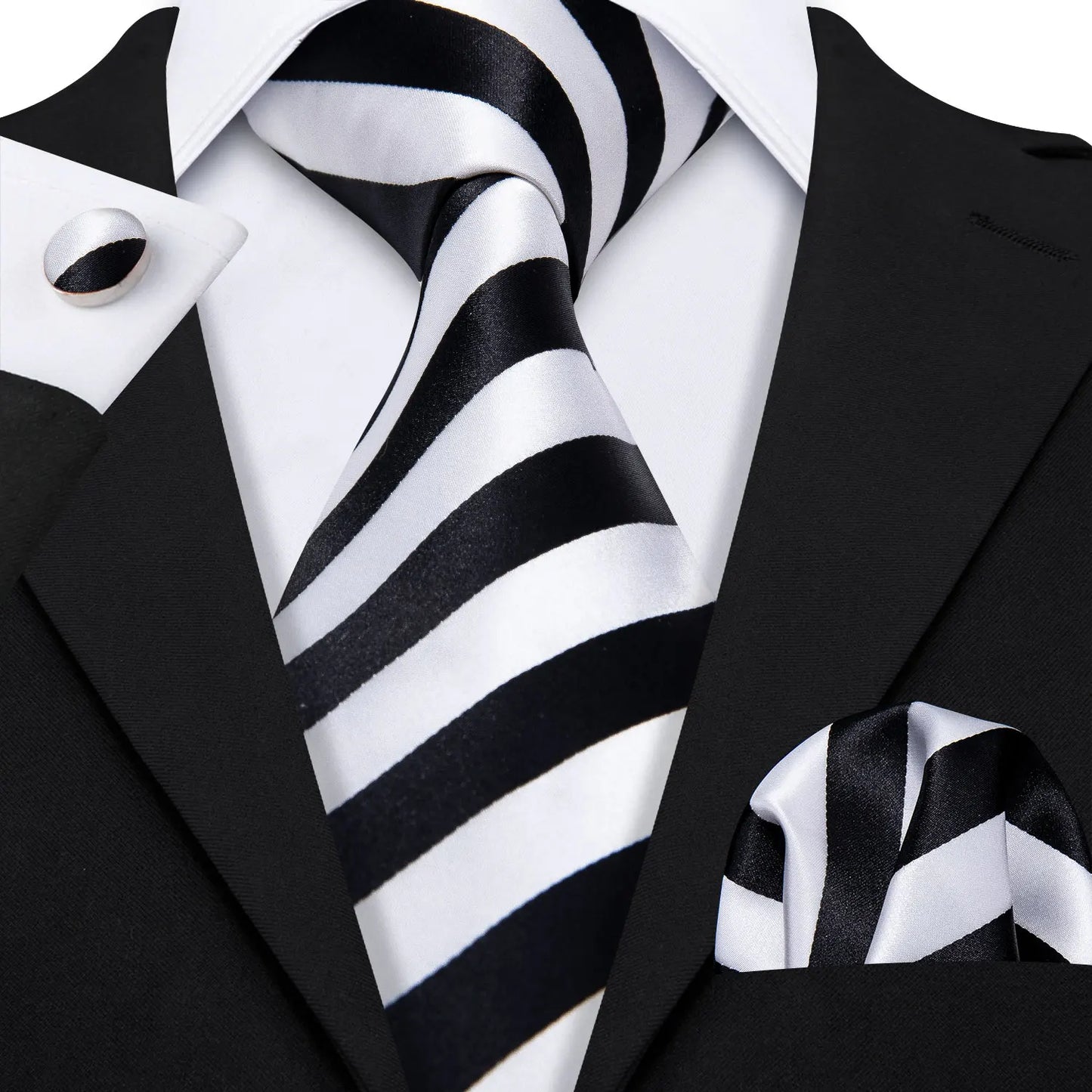 Barry.Wang Black White Gray Silver Silk Men Tie Handkerchief Cufflinks Set Jacquard Necktie for Male Wedding Business Party Gift