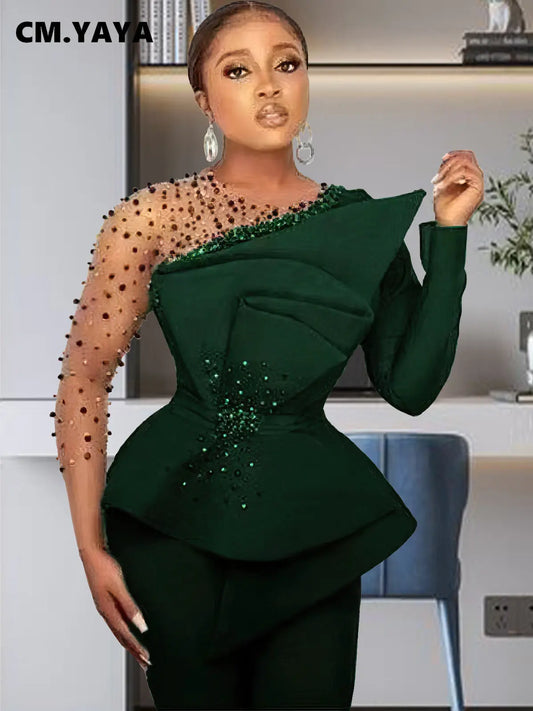 CM.YAYA Vintage Women  Beading Mesh Patchwork Ruffles Fan-shaped Blazer Tops and Pants Suit Two 2 Piece Set Outfits Tracksuit