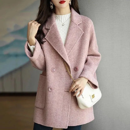 Basics Solid Pockets Coats Women Korean Style Basics Solid Turn-Down Collar Coat Casual Comfortable Loose Wool Autumn Winter