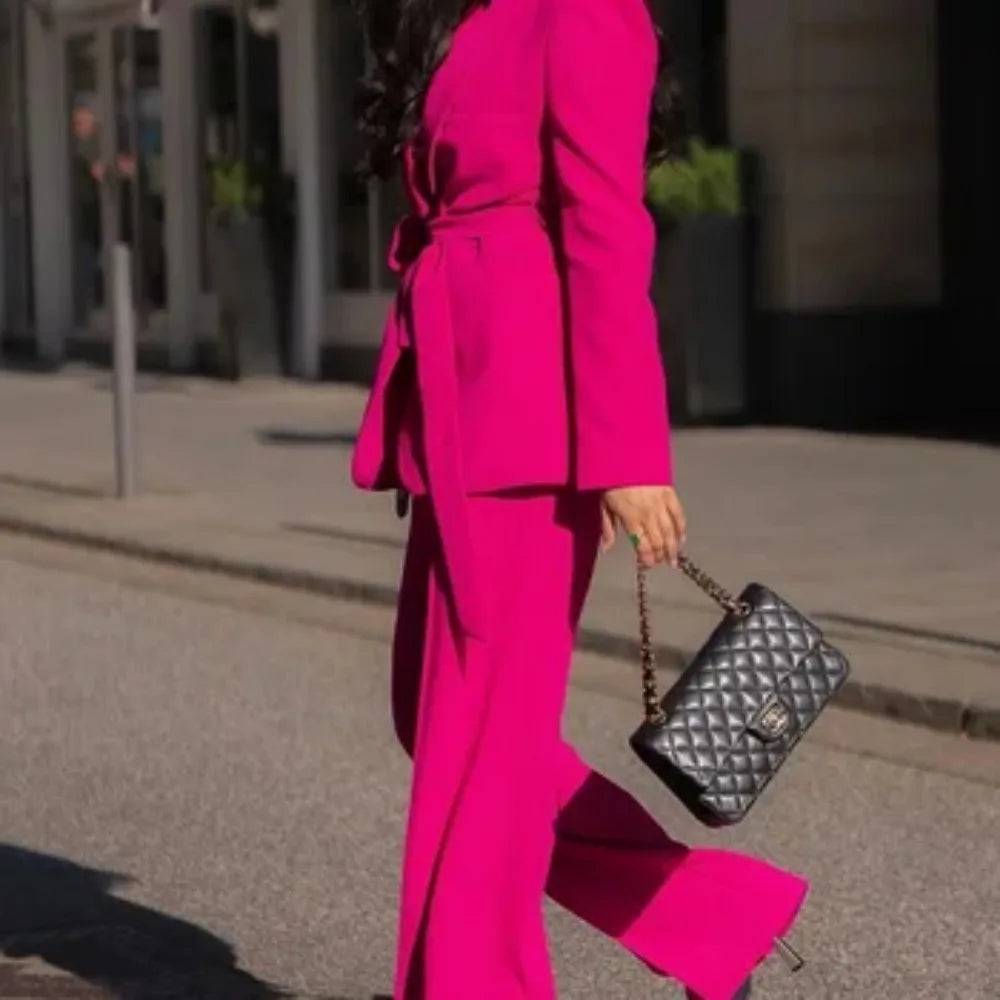 Office Ladies Solid Colour Suit Suit Women's Long Sleeve V-Neck Pleated Suit + High Waisted Wide Leg Trousers 2024 Fashion Suit