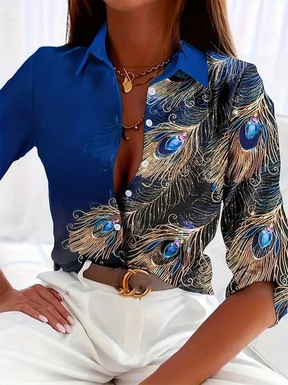Peacock Print Casual Loose Women's Shirt 2023 Autumn Vintage Women's Oversized Shirts and Blouses Fashion Elegant Women's Tops