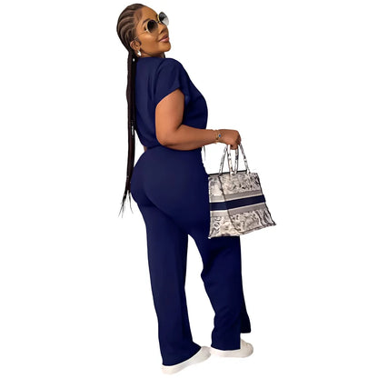 Women Casual Round Neck Drawstring Short Sleeve Top & High Waist Pants Set Summer Solid Two Piece Suit Sets Outfits Set Female