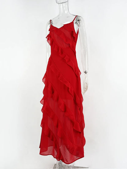 New 2026 Women's Ruffles Chiffon Maxi Dress Backlesss Split Sexy Porm Dress Red Long Summer Wedding Party Dress Elegant Vestidos