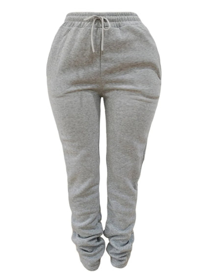 LW Plus Size Plain Pocket Sweatpants Mid Waist Drawstring Ruched Women Pants Stacked Trousers Sporty Casual Daily Bottoms