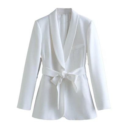 Spring and Autumn Women's Casual Blazer Chic Outerwear Slim Straight Pants Long Sleeve V-Neck Belted Office Commuter Suit Set