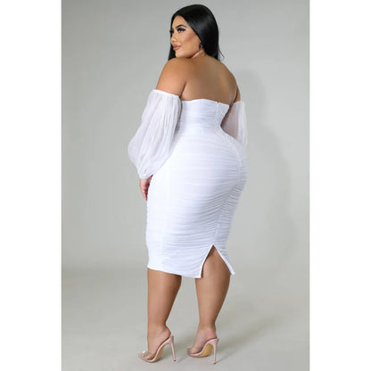 CM.YAYA Plus Size Women Mesh Patchwork Off Shoulder Ruched Bodycon Midi Dress evening Winter 2022 Sexy Party Club Prom Dresses