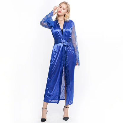 Womens Nightdress Sexy Long Lace Lingerie Nightwear Bath Robe Gown Imitation Ice Silk Nightdress Solid Color Nightgown