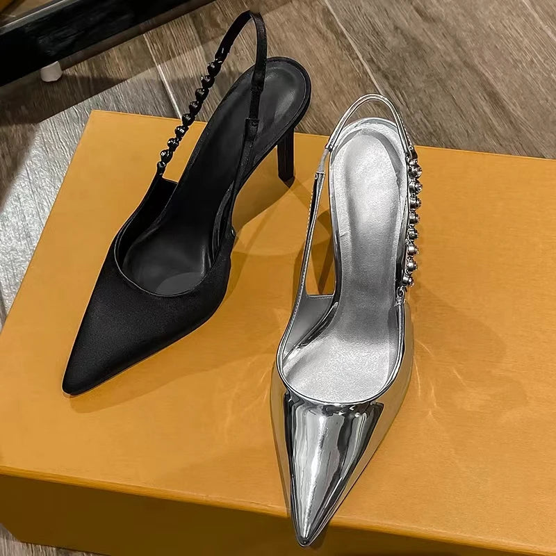 Shiny High Heels Slingback Silver Women Pumps Metallic Crystal Sandals Pointy Toe Stiletto Heeled Shoes Party Dress Shoes Woman