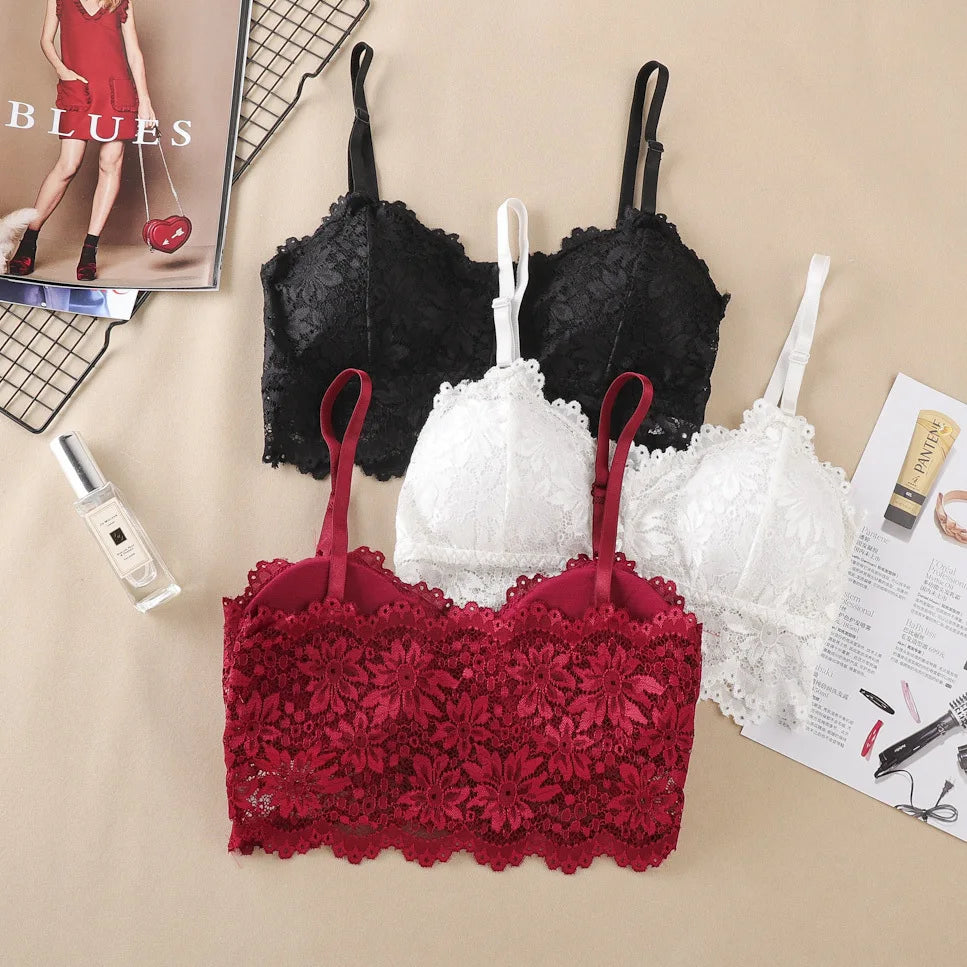 Women Flower Lace Bras Top Comfortable Bralette Solid Color Sexy Underwear Vest Female Hollow Out Wireless Lingerie Seamless Bra