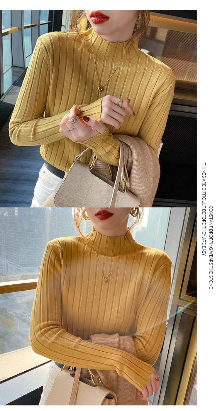 Autumn Winter Knitted Ribbed Turtleneck Sweater Women Clothes 2025 Long Sleeve Slim Basic Pullover Woman Sweaters Solid Tops
