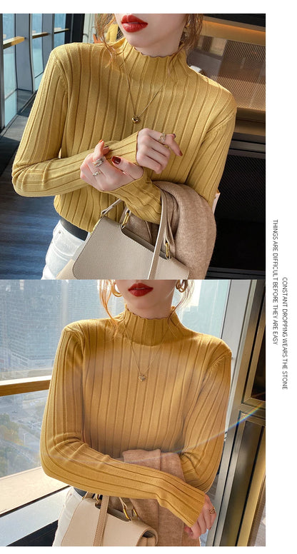 Autumn Winter Knitted Ribbed Turtleneck Sweater Women Clothes 2025 Long Sleeve Slim Basic Pullover Woman Sweaters Solid Tops