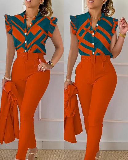 Elegant Women Printed Two Piece Suit Sets Spring Autumn V Neck Short Sleeve Shirt Top & Long Pants Set With Belt Workwear Outfit