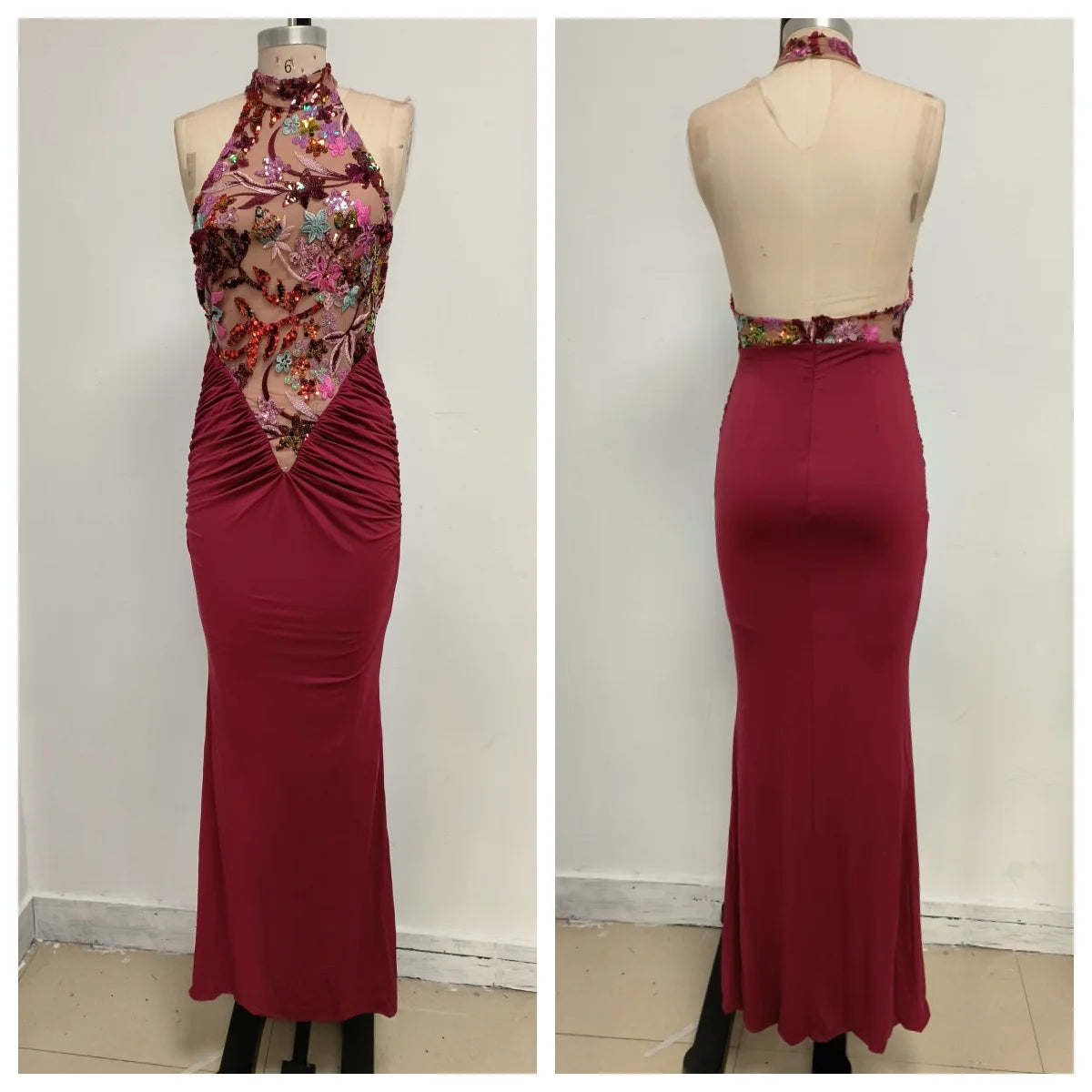 Sexy Red Floral High-Neck Bodycon Dress with Pleated Detailing – Halter Sleeveless Evening Gown | Stylish Party Wear