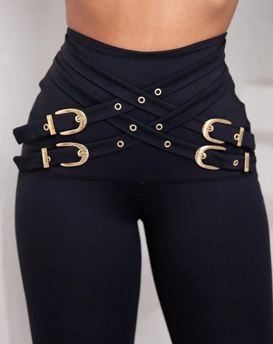 Original Design Style Skinny Long Pants for Women 2024 Casual Simple Criss Cross Buckled Decor High Waist Versatile Pants