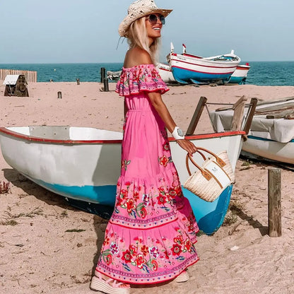 2024 Spring Summer Women's New Sexy One Shoulder Off Shoulder Fashion Red Flower Printed Lace Up Waist Long Swing Dress