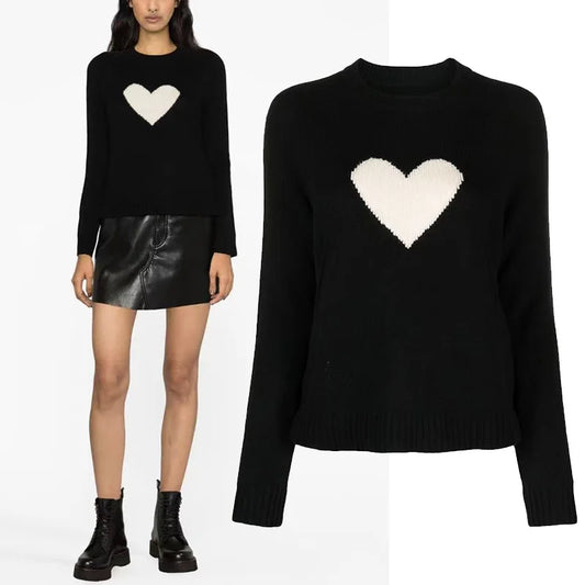 White Love Heart Black Knit Sweater For Women Round Neck Long Sleeve Pullover Cashmere Tops Fashion Casual Y2K Sweater