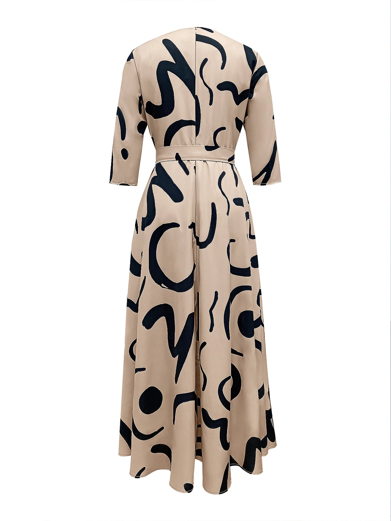 Women's Spring, Summer and Autumn Casual Round Neck Printed Pattern Belt Slim Fit Dress