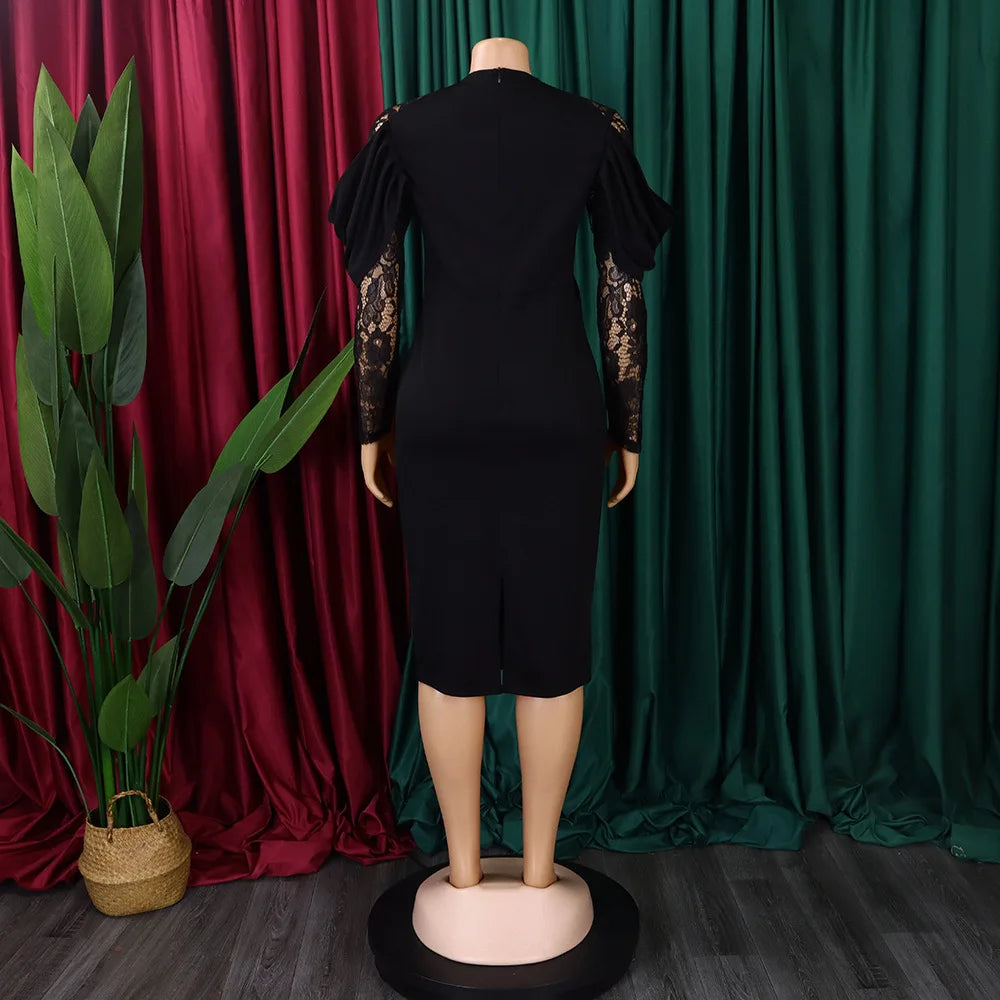 Sexy Bodycon Dresses for Women O Neck Lace Sleeve Sheath Package Hips Mid Calf Female Luxury Birthday Party Dinner Vestidos