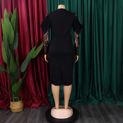 Sexy Bodycon Dresses for Women O Neck Lace Sleeve Sheath Package Hips Mid Calf Female Luxury Birthday Party Dinner Vestidos