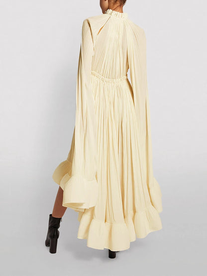 TWOTWINSTYLE Elegant Solid Dresses For Women V Neck Cloak Sleeves High Waist Spliced Lace Up Ruffles Pleated Dress Female Summer
