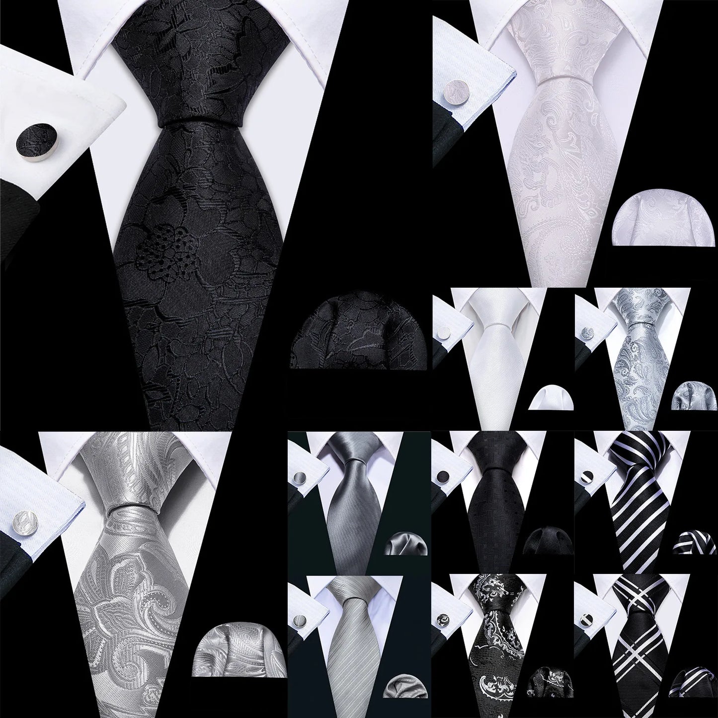 Barry.Wang Black White Gray Silver Silk Men Tie Handkerchief Cufflinks Set Jacquard Necktie for Male Wedding Business Party Gift