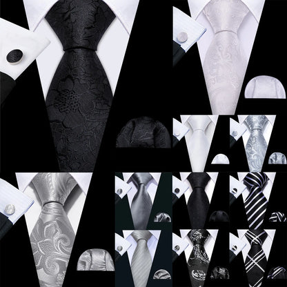 Barry.Wang Black White Gray Silver Silk Men Tie Handkerchief Cufflinks Set Jacquard Necktie for Male Wedding Business Party Gift