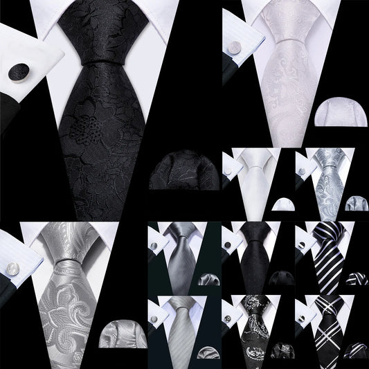 Barry.Wang Black White Gray Silver Silk Men Tie Handkerchief Cufflinks Set Jacquard Necktie for Male Wedding Business Party Gift