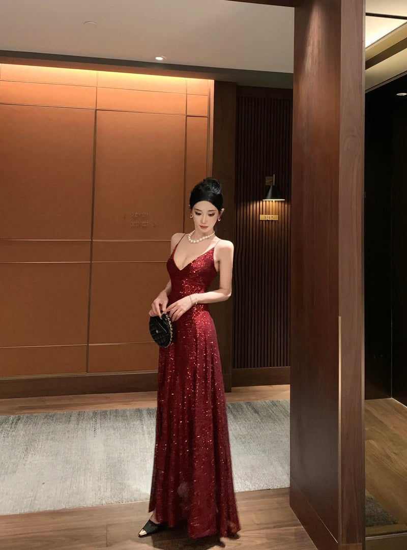 Sexy Backless Sequined Maxi Dresses for Women V-neck Lace-up High Split Evening Luxury Dress Fashion Birthday Party Prom Robe