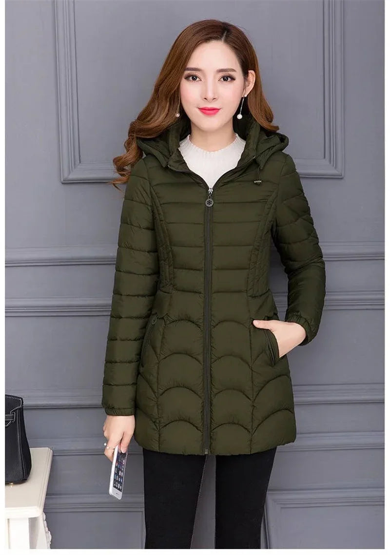 2024Fashion Middle Age Mother Slim Down Cotton Hooded Jacket Plus Size Casual Solid WarmThick Outwear Parka Winter Coat Women