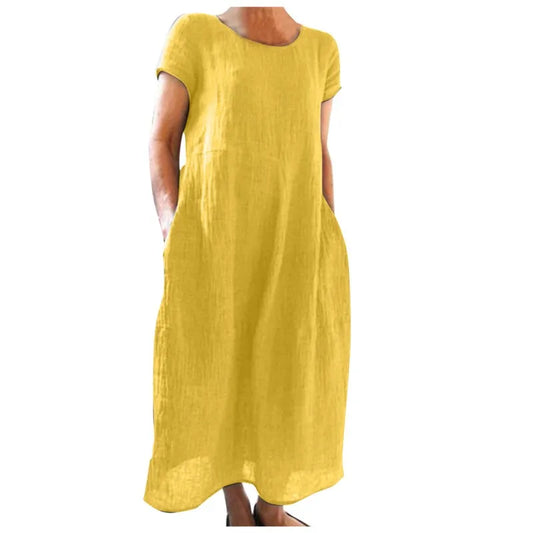 Spring Summer Woman Long Dress Office Lady Fshion Casual Loose Solid O-neck Short Sleeve Dresses For Women 2024 Female Robe