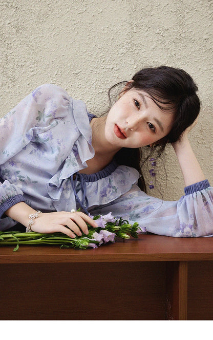 MISHOW Print Spring Summer Dress for Women New 2025 Ruffled V-neck Long Sleeve Blue French Dresses Female Fashion MXE15L2139